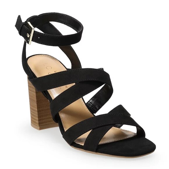 LAUREN CONRAD I  Black Rooibos Strappy Memory Foam Block High Heel Sandals, 8.5 - Picture 1 of 16